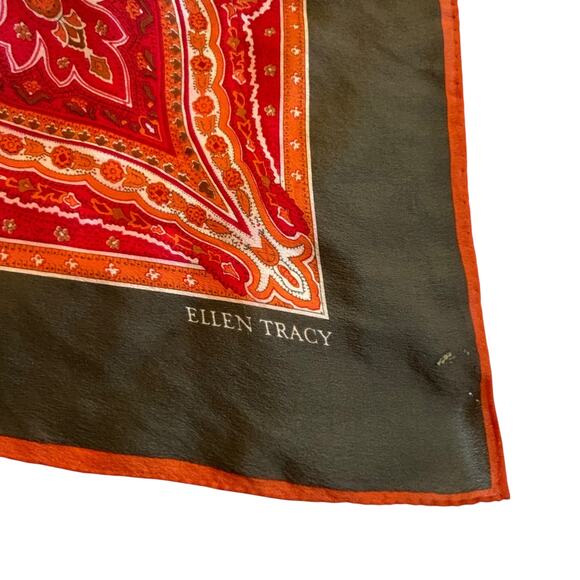 Vintage Ellen Tracy Silk Scarf Red Orange Paisley 34” Square Quiet Luxury - Picture 3 of 4